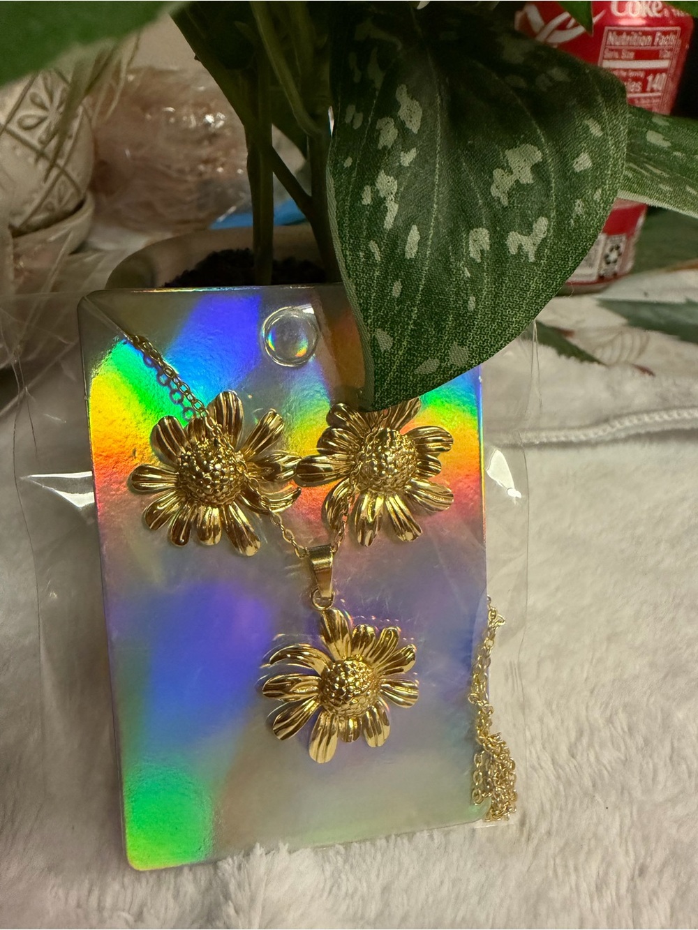Gold Sunflower Pendant Necklace with Matching Stud Earrings - Women Accessories
